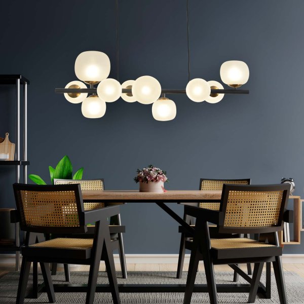 Suspension OKO 10 lumières blanc opal et noir, ensemble verre bicolore 2